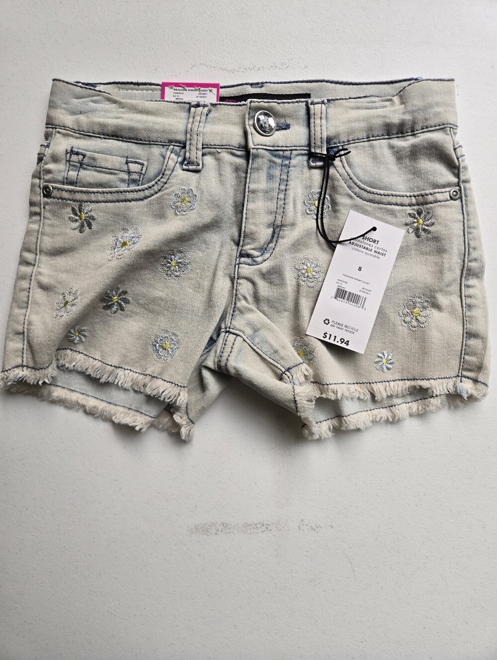 NWT Girls Daisy Embroidered Frayed Denim Shorts Adjustable Waist
